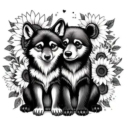  cute baby wolf and bear sitting with sunflowers and roses. black tattoo design idea