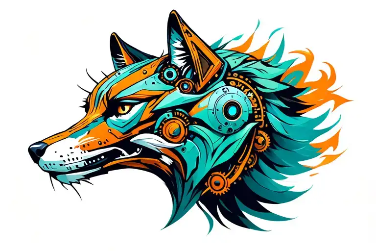 Mechanical Steampunk Robotic Desert Fox head made with battery elements. Use Greens, Blues and Firey orange tattoo design idea