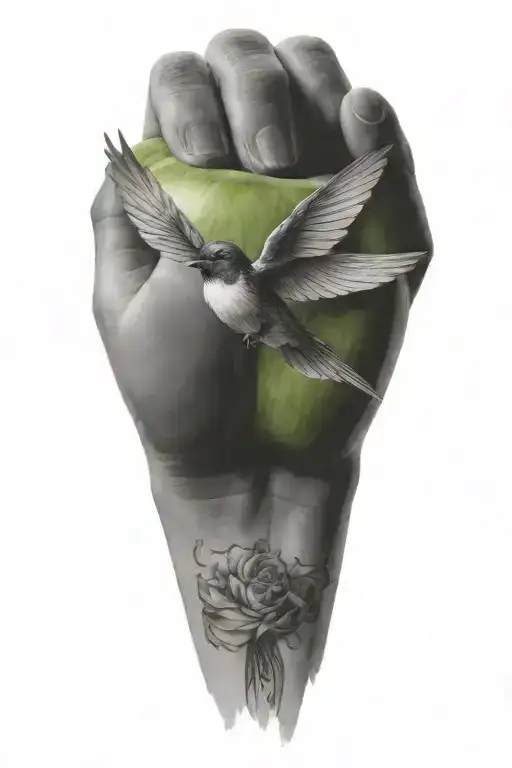 A Green Apple, A swallow flying on a background of clouds, a womans hand making the "OK" symbol,  tattoo design idea