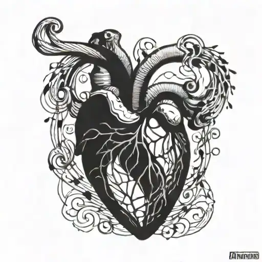 A broken heart intertwined with musical notes and the Aries symbol tattoo design idea