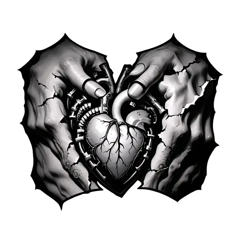 torn skin with mechanical heart tattoo design idea