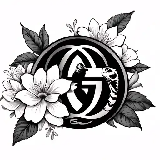 A simple tattoo with a leo symbol intertwined with a gucci logo and jasmine flower  tattoo design idea