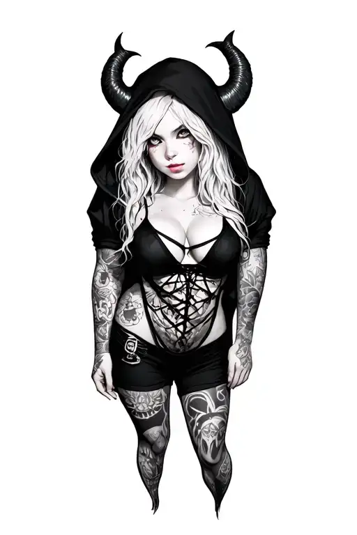 Sexy Pale Girl, Petite, Big Boobs, Wide Hips, G-string. Messy Hair, Demonic Horns, Sexual.... on hood, white eyes tattoo design idea