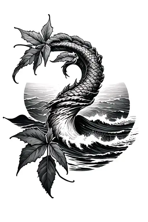 forearm tattoo outside symbolizing a rough ocean with a triton black and white with tobacco leaf's wrapped around the tattoo design idea