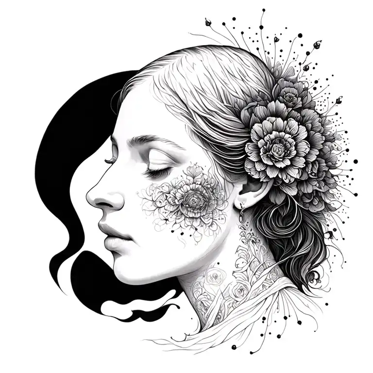 Generate a dramatic blackwork and dotwork tattoo design for Carl Jung’s 'Great Mother' archetype, the nurturer.  tattoo design idea