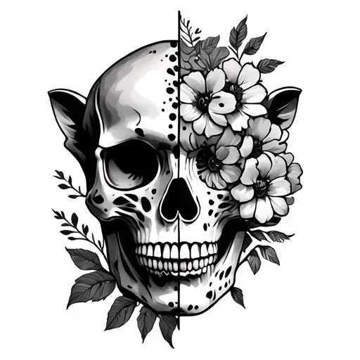 half skull other half flowers with cheetah spots around the skull and flowers tattoo design idea