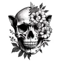 half skull other half flowers with cheetah spots around the skull and flowers tattoo design idea