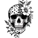 half skull other half flowers with cheetah spots around the skull and flowers tattoo design idea