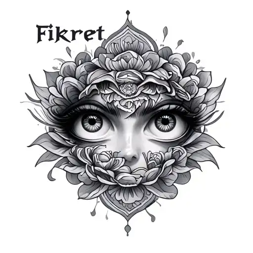 а fancy tattoo with the name Fikret and her two eyes tattoo design idea