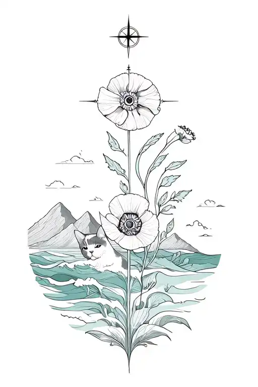 Medusa, birthflower(August Poppy), cats, a compass, mountains and waves, a habitat, zodiac sing Leo tattoo design idea