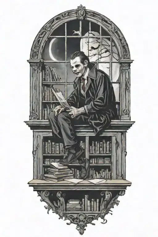 A vampire sitting in an office library. Full moon outside window. Bats  tattoo design idea
