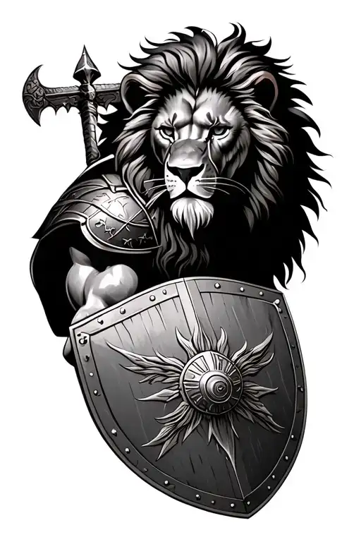 lion with gladiator holding a shield tattoo design idea