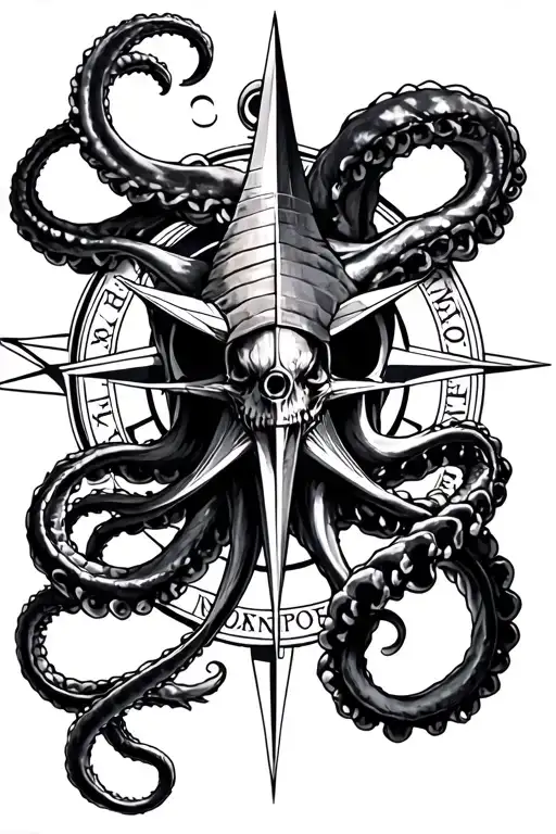 kraken and compass intertwined tattoo design idea