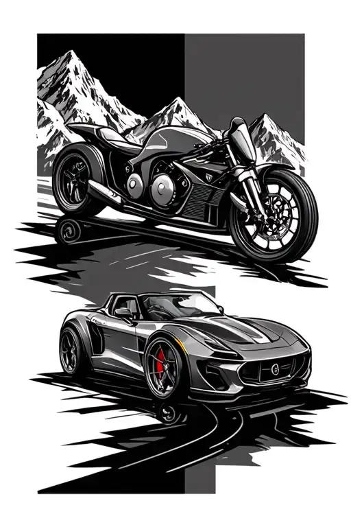 mountains sports car and bikes tattoo design idea