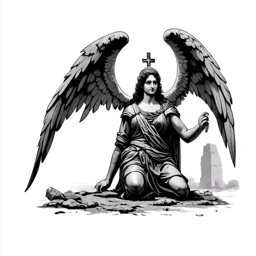 cross, roman soldier kneeling, ruins, woman face, arch angel, sky tattoo design idea