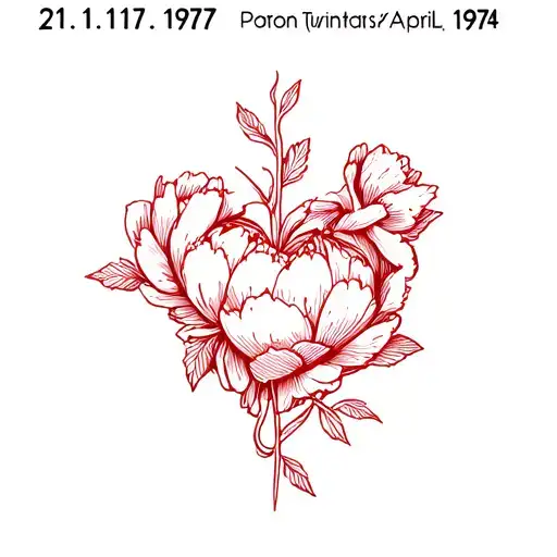 Heart of peony tendrils with data 21.11.1977 and April 9, 1974 tattoo design idea