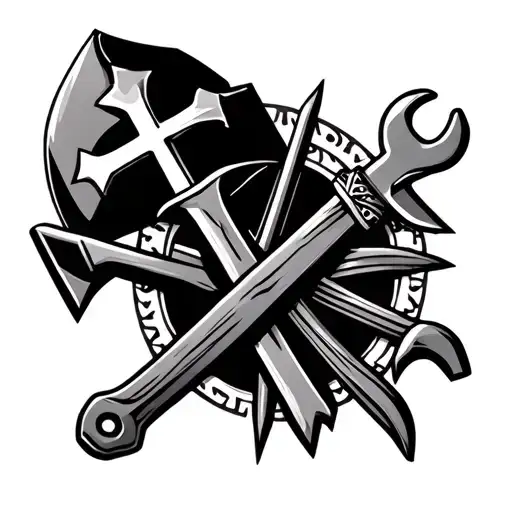 tattoo sleeve design with three crosses, a trojan helmut, a shovel and pick, a wrench, and a cherokee star intertwined  tattoo design idea