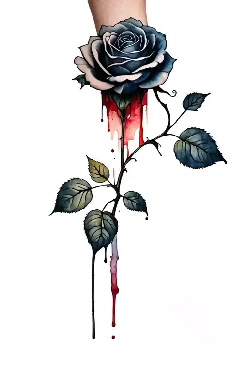 A rose black and gray growing out of the open wound on the forearm upside down. Blood runs down the side of the rose out tattoo design idea