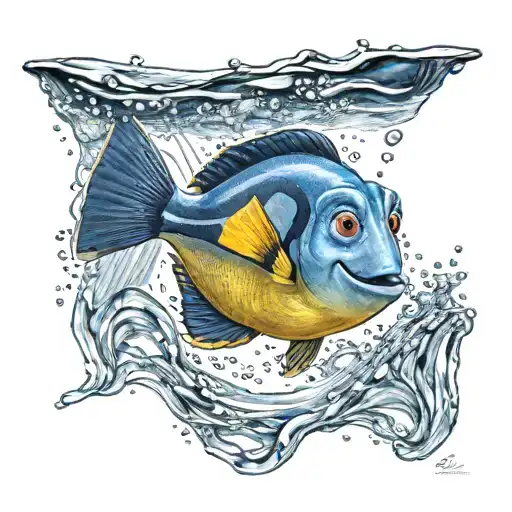 A realistic portrait of Dory swimming gracefully through the water tattoo design idea