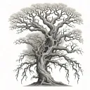 White tree with arms for branches and legs for roots, eldritch horror tattoo design idea