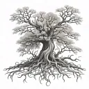 White tree with arms for branches and legs for roots, eldritch horror tattoo design idea