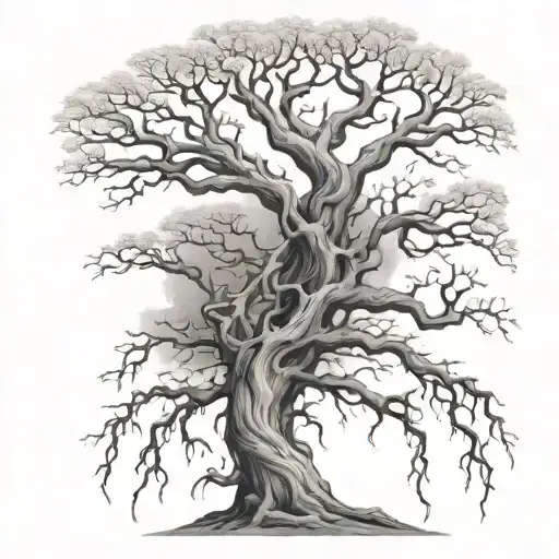 White tree with arms for branches and legs for roots, eldritch horror tattoo design idea