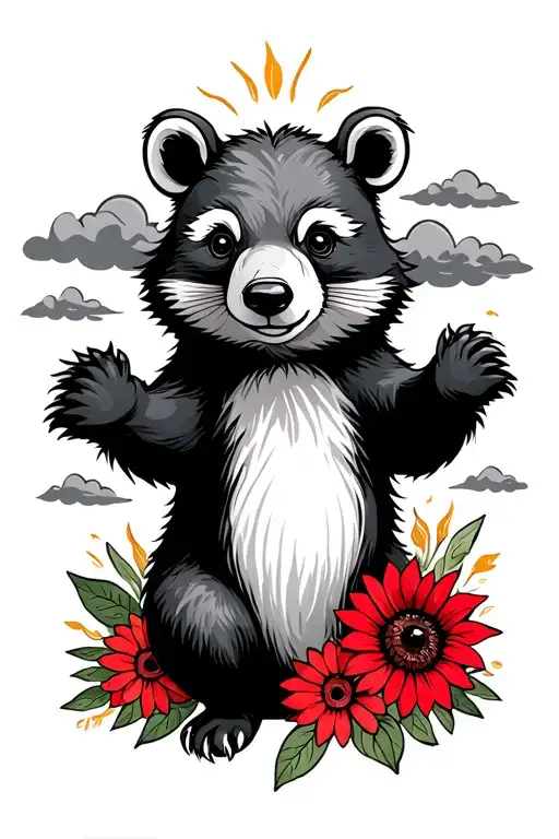 black bear ratcoon with clouds surrounding and cardinal and sun flower on the bottom tattoo design idea