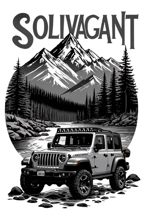 "Solivagant" "Solivagant" "Solivagant" "Solivagant" topless jeep wrangler in wilderness creek and mountains joined together tattoo design idea