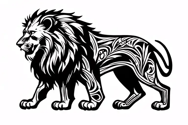 Tribal style armband tattoo wraps around upper legs with bold symmetrical tribal patterns with a lion facing outward in  tattoo design idea