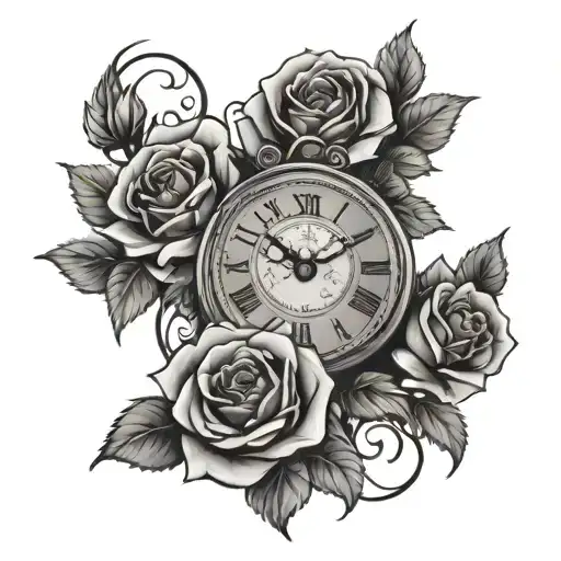 roses and clock with letter s tattoo design idea