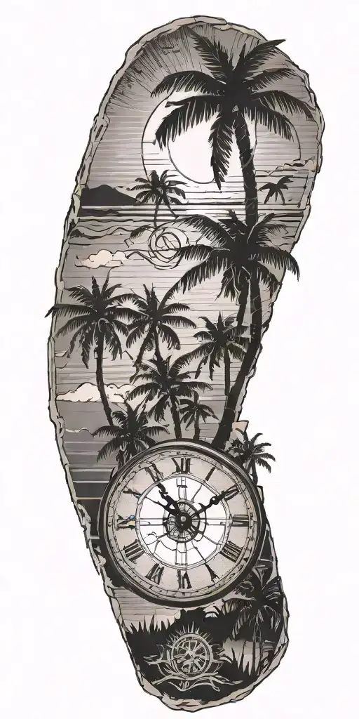 clock, palm tree silhouette, sun setting, hammer ingraved with Runes tattoo design idea
