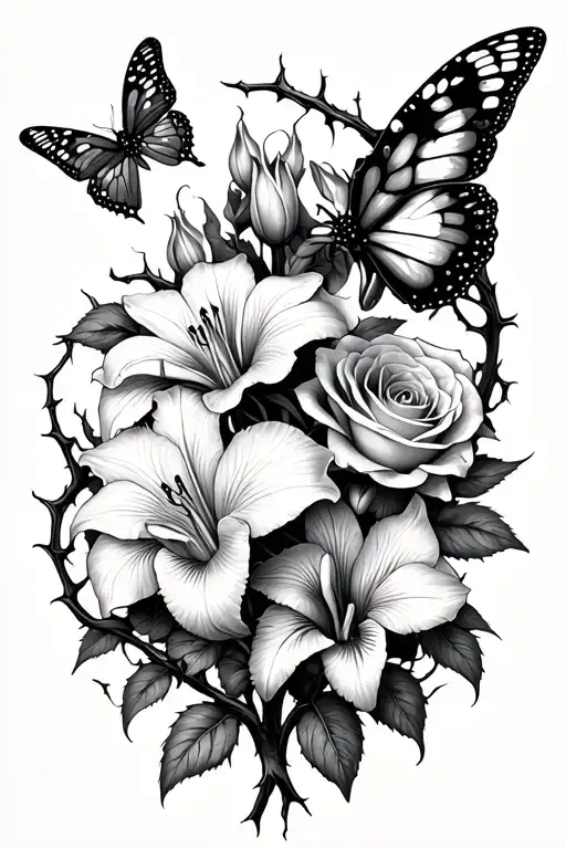 several decaying lillies, roses, orchids surrounded by butterfly with broken wings, thorns surrounding and intertwining  tattoo design idea