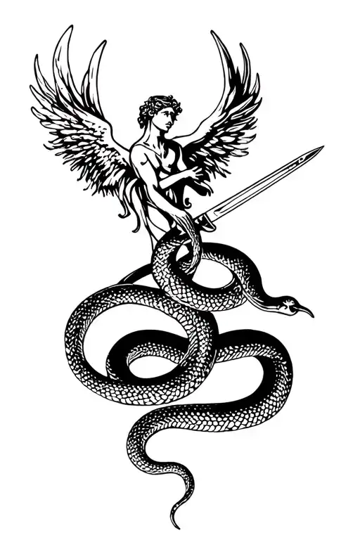 poison tree with a snake wrapped around it with an angel putting a sword the both the tree and the snake  tattoo design idea