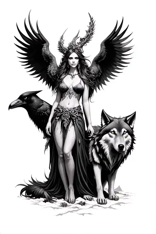 hel goddess with wolf and a raven tattoo design idea