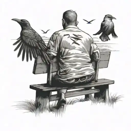 Draw a person with his back turned and sitting on a bench looking at the beach but the sky is pink and birds are flying  tattoo design idea