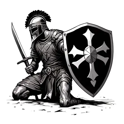 A warrior, little paw, kneeling, Roman helmet, shield symbol sao bento, sword in the other hand, in the background coliseum tattoo design idea