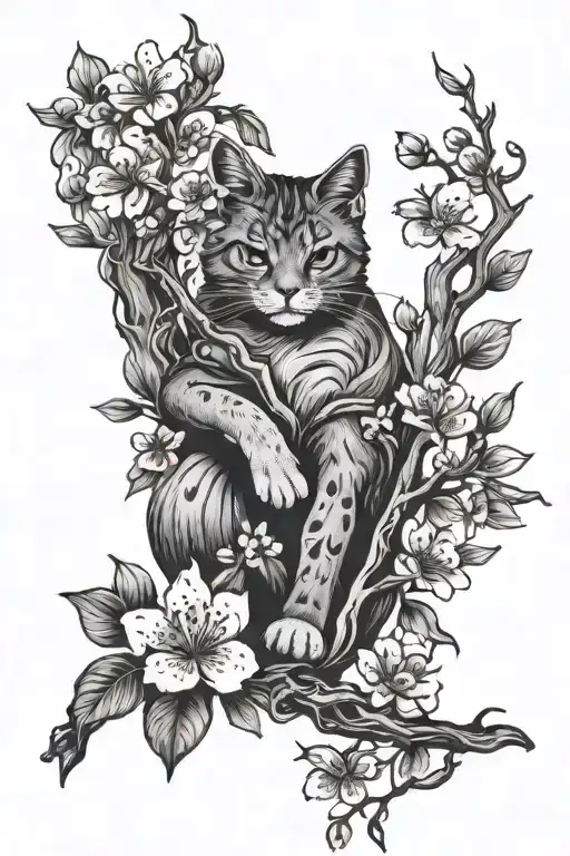 fine line tatto, cherry blossom branch, three cat paws hidden as flowers tattoo design idea