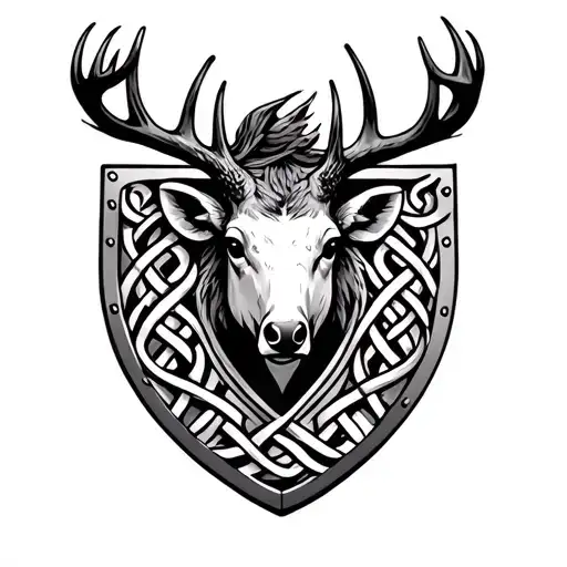 stag head, wren, shield with Celtic knots tattoo design idea