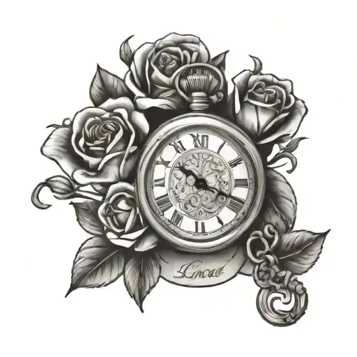 pocket watch with roses and Lucas name written tattoo design idea