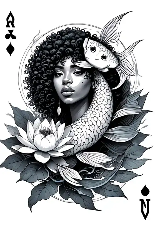 A mystical representation of the astral card with a  black woman wearing afro anda koi fish and lotus flower intertwined tattoo design idea