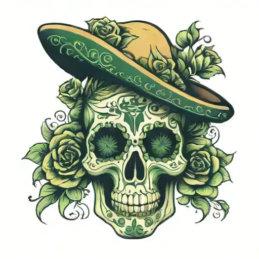 Mexican skull. Dia de los muertos. Main colors on his face models are dark green and #89CFF0 tattoo design idea