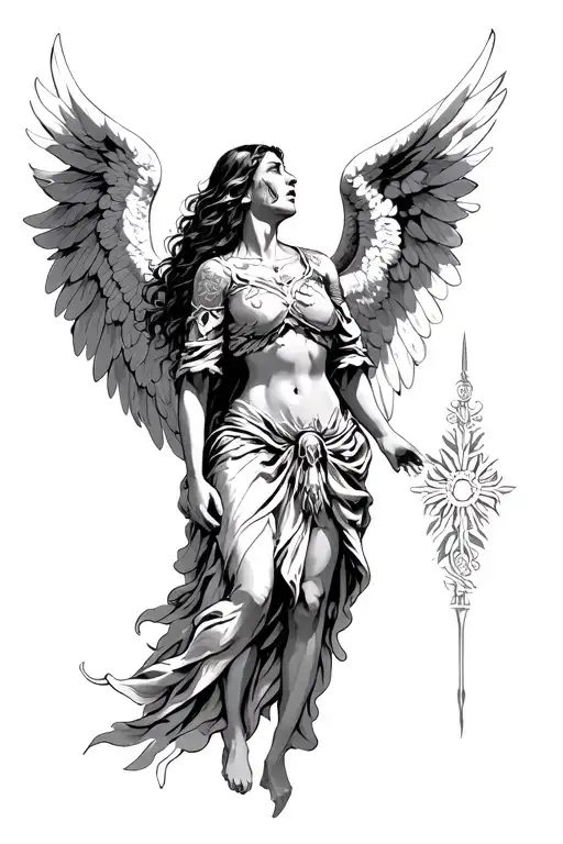 Female angel warrior crying surrendering looking up god and holly spirit looking down at her tattoo design idea