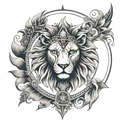 Radiant sun with roaring Lion head and mane in center, eyes are Eye of Horus and Eye of Ra tattoo design idea