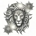 Radiant sun with roaring Lion head and mane in center, eyes are Eye of Horus and Eye of Ra tattoo design idea