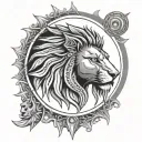 Radiant sun with roaring Lion head and mane in center, eyes are Eye of Horus and Eye of Ra tattoo design idea