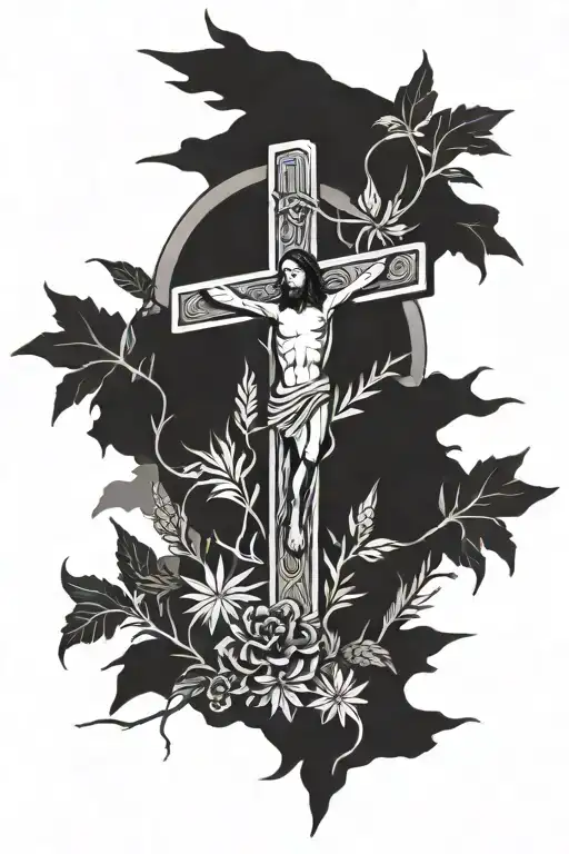 negative space cross with plants around it with Jesus Christ in the cross carrying the cross tattoo design idea