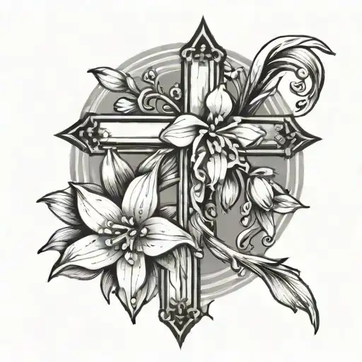 dainty snow drop flower going up a cross tattoo design idea