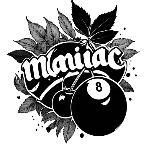 writing “maniac” and on top of writing a mix of cherrys, 8 ball, leopard  tattoo design idea