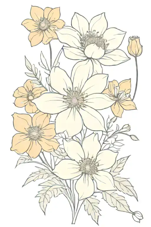 flower bouquet marigold, cosmos, narcissus, daisy, aster tattoo design idea