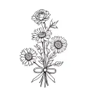 dainty, fine line, and extremely simple and small bouquet of four flowers with a bow. two roses, one aster, and one Chry tattoo design idea
